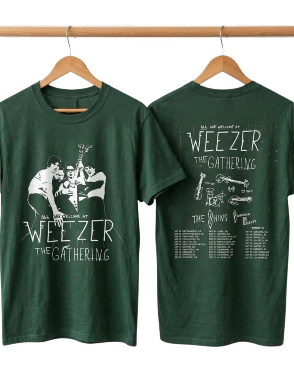 Weezer The Gathering The Shins Tour 2026 2-Sided Forest Green Tee